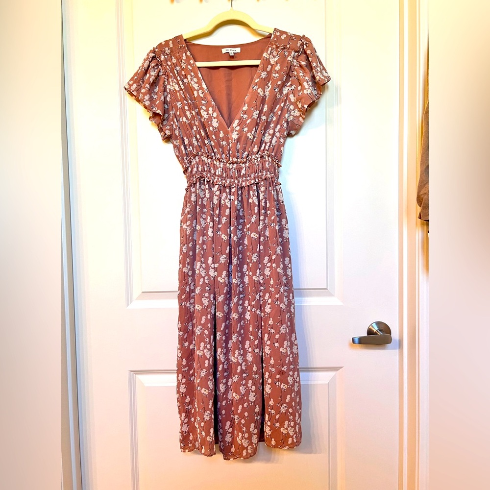 Dusty Rose Pink Midi Dress Floral Pattern High Waisted Chiffon Romantic